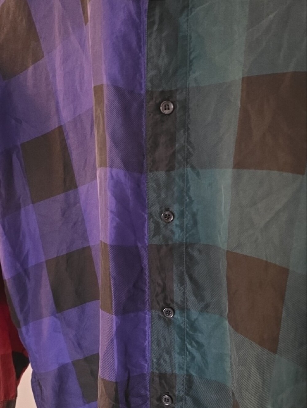 Men's Multicolor Patchwork Plaid Button-Down Shirt - Red, Blue, Green, White - Picture 4 of 12